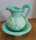 Avon Jadeite Green Swirl Milk Glass Rose Mini Bowl and Pitcher Set Vintage