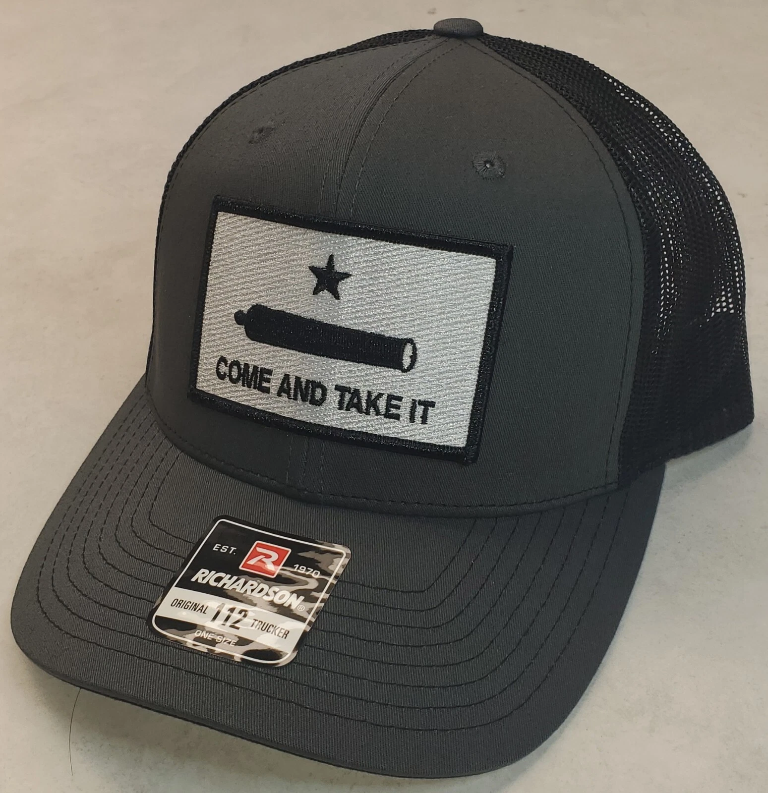 COME AND TAKE IT Patch on Richardson 112 Trucker Hat Snapback Charcoal/Black
