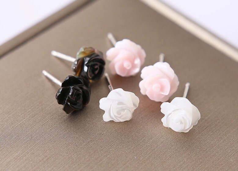 Black Pink Rose Sterling Silver Stud Earrings Natural Shell Retro Flower Box 8mm