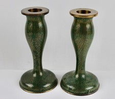 Pair Chinese green copper cloisonne candlestick LaoTianLi style scrolls 5" tall