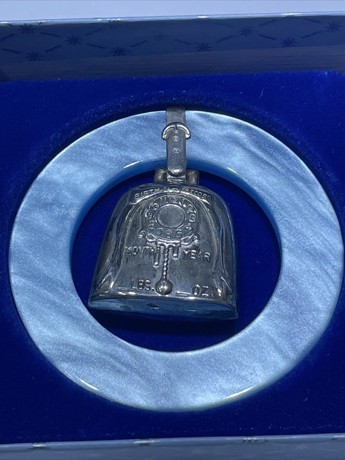 Beautiful WEBSTER 925 BABY BELL BIRTH RECORD TEETHING RING VINTAGE 1950 Blue MOP