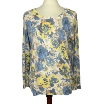 Joie Sweater Womens Small Blue Yellow Floral Crewneck Viscose Wool Blend # K021