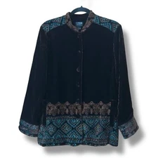 Citron Silk Blend Crushed Velvet Embroidered Button Front Jacket Size Large