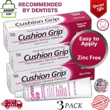 3 PACK Cushion Grip Thermoplastic Denture Adhesive, Zinc Free ,Non-Glue Adhesive