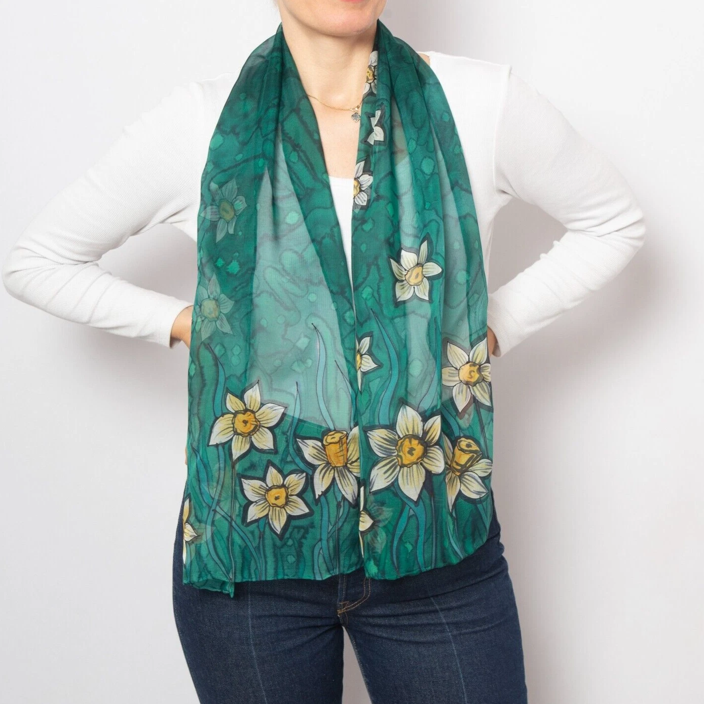 Hand Painted Silk Scarf Daffodil Spring Scarf Mother Day Gift Green Silk Scarf
