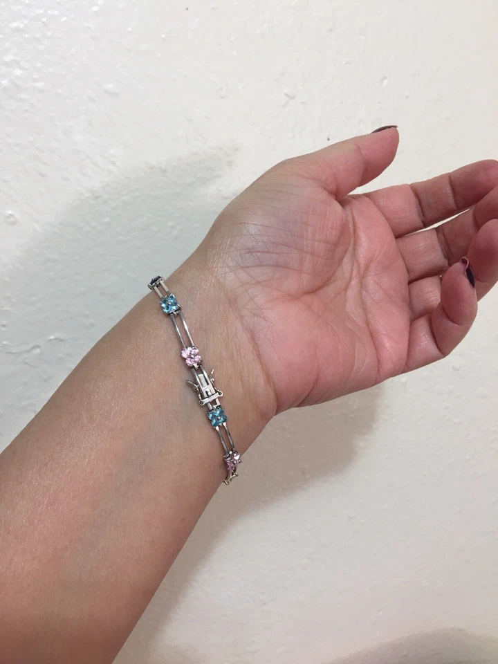 "Brazalete de eslabones de flores de piedra circonita cúbica multicolor de plata de ley 925 FAS 7 1/4""" Foto 2 de 4