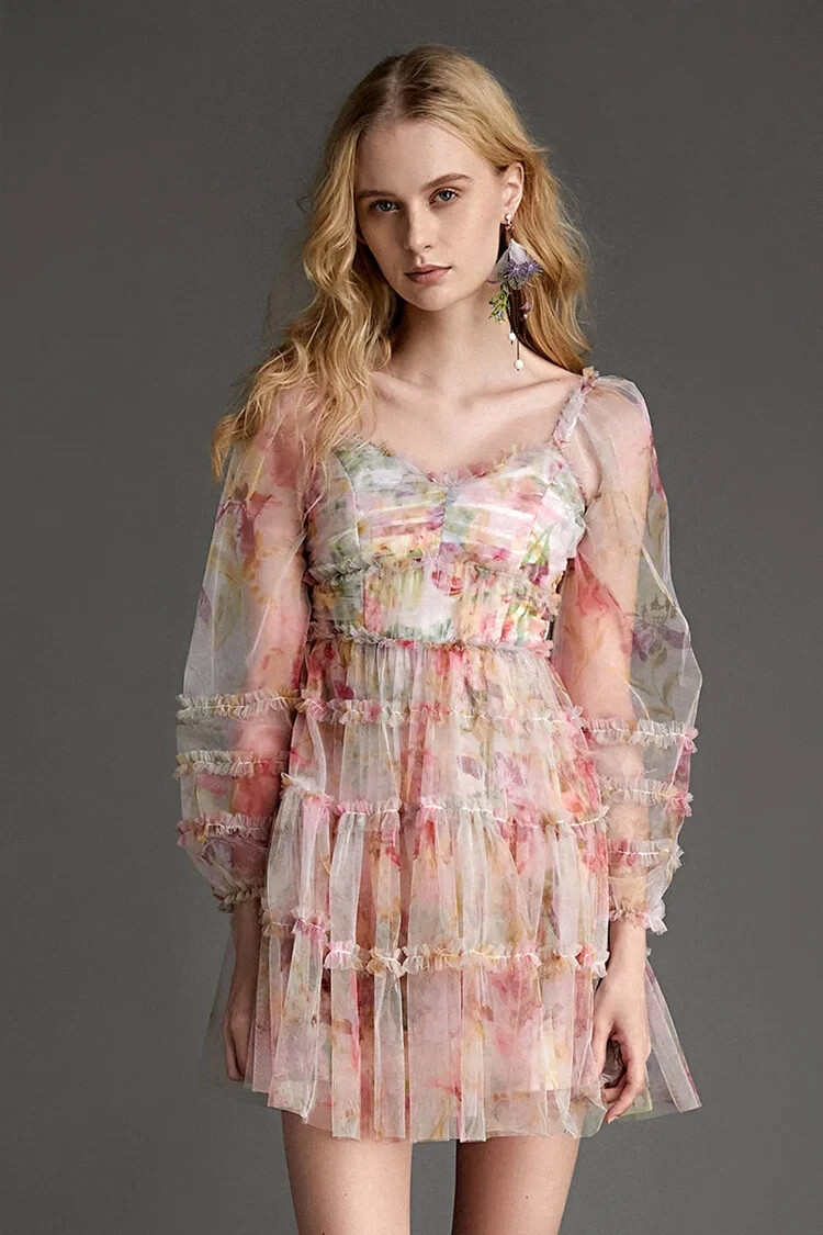 j ing pink dress J.ING Pink Floral Print Ruched Ruffled Mesh Mini Dress