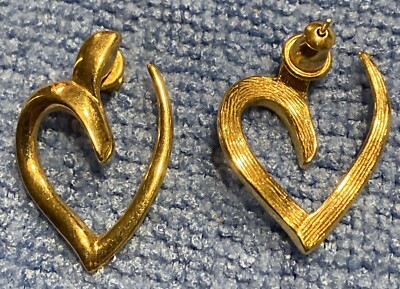 Vintage Pair Gold Colored Open Heart Shape Earrings 1980s