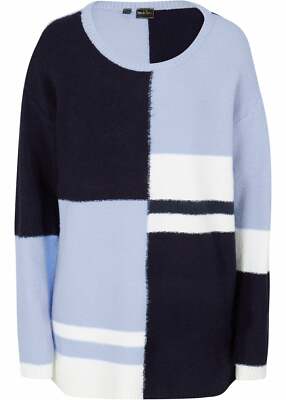 Long-Pullover Gr. 36/38 Dunkelblau Perlblau Wollweiß Damen Langarm-Pulli Neu