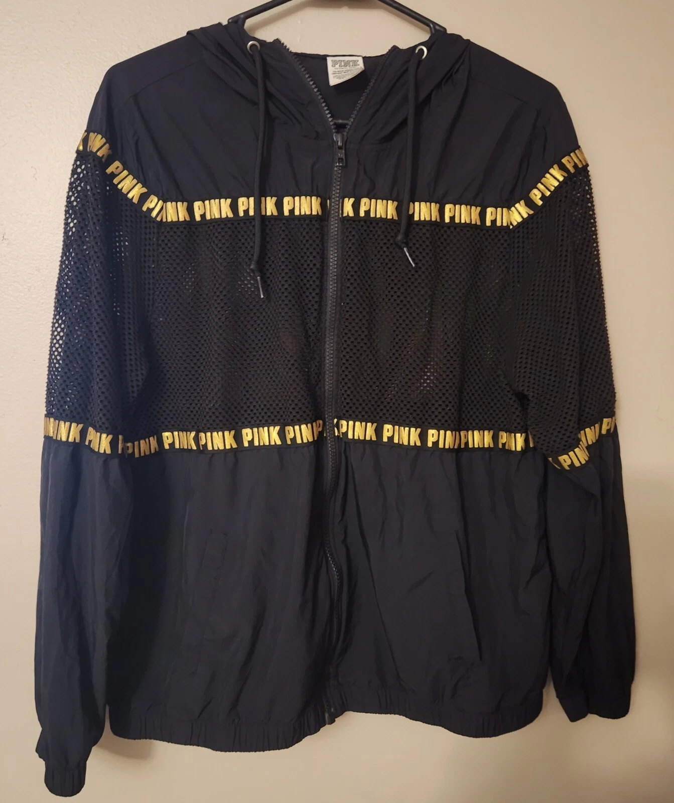 UNDERCOVER Giacca frangivento ROSA Victoria's Secret oro nero con cerniera rete taglia Xs small