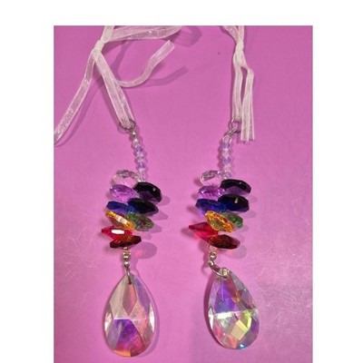 Rainbow Crystal Suncatcher Ornaments Iridescent Teardrop Prism Window Decor 2pc