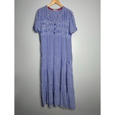 Cactus + Pearl Maxi Dress Womens L Blue EUC Smocked Tiered Boho Airy Striped