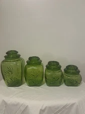 Vtg L E Smith Sand Scroll Green Glass Canister Set Ground Lids