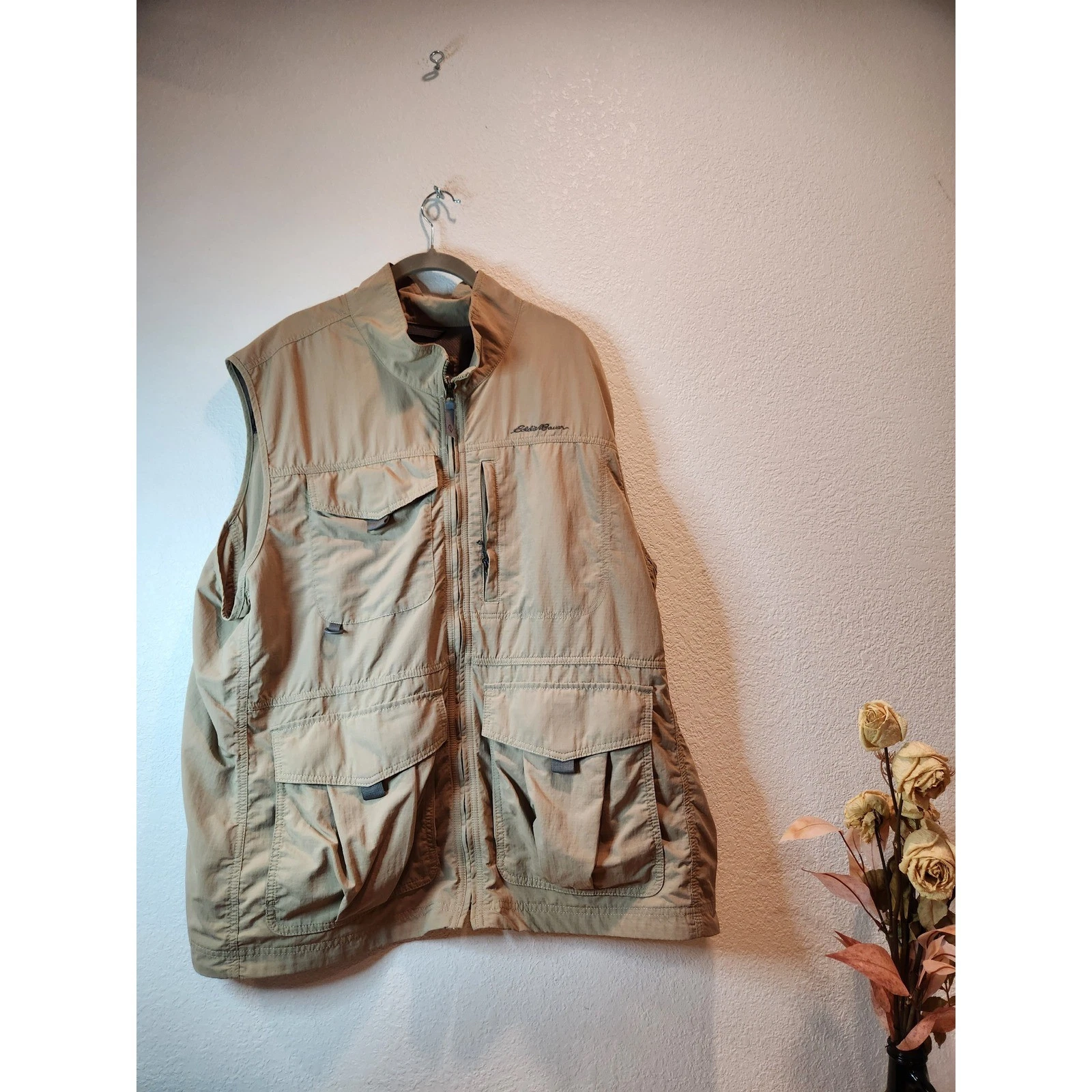 Eddie Bauer Men 2XL Tan Nylon Fishing Utility Vest Multi-Pocket Outdoorcamping