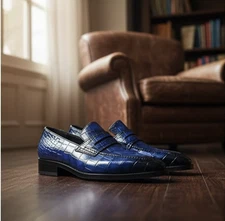 Handmade Mens Leather Shoes Blue Alligator Texture Formal Dress Loafer Moccasins
