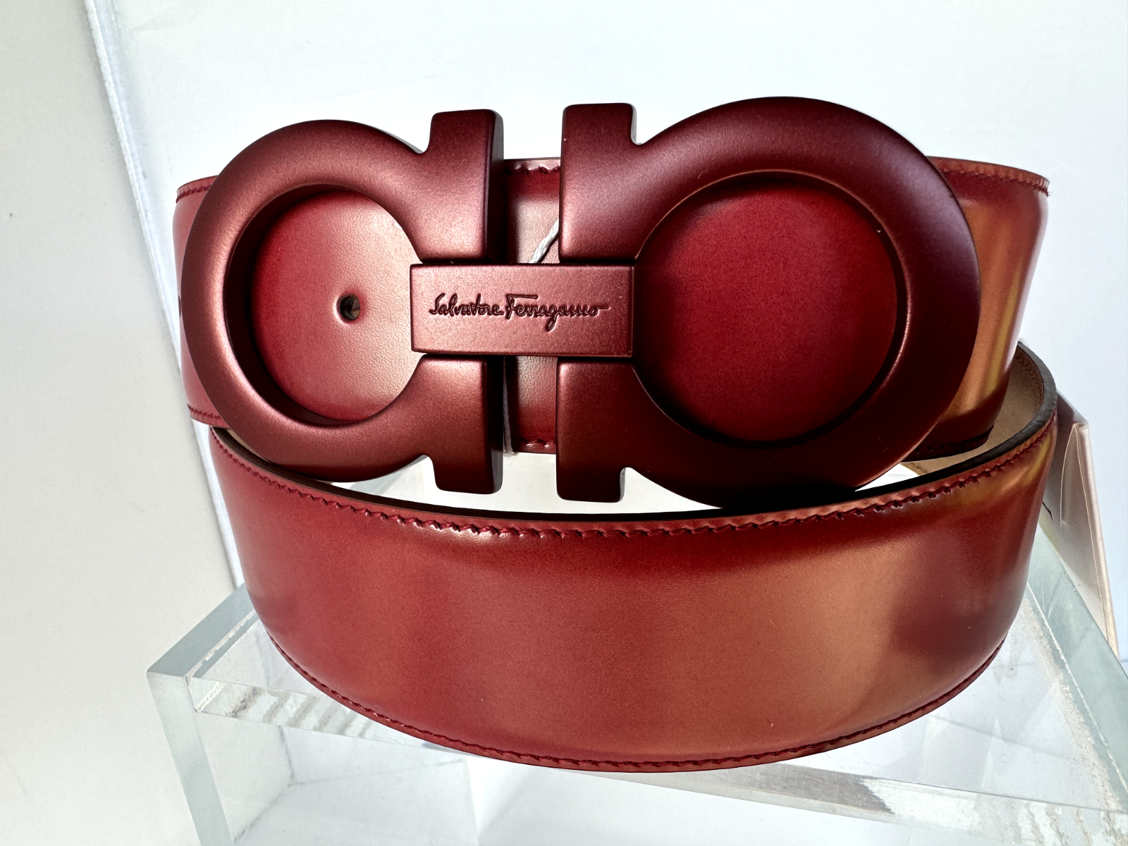 New Salvatore Ferragamo Men's Belt Red Size 38 Gancini Logo Adjustable