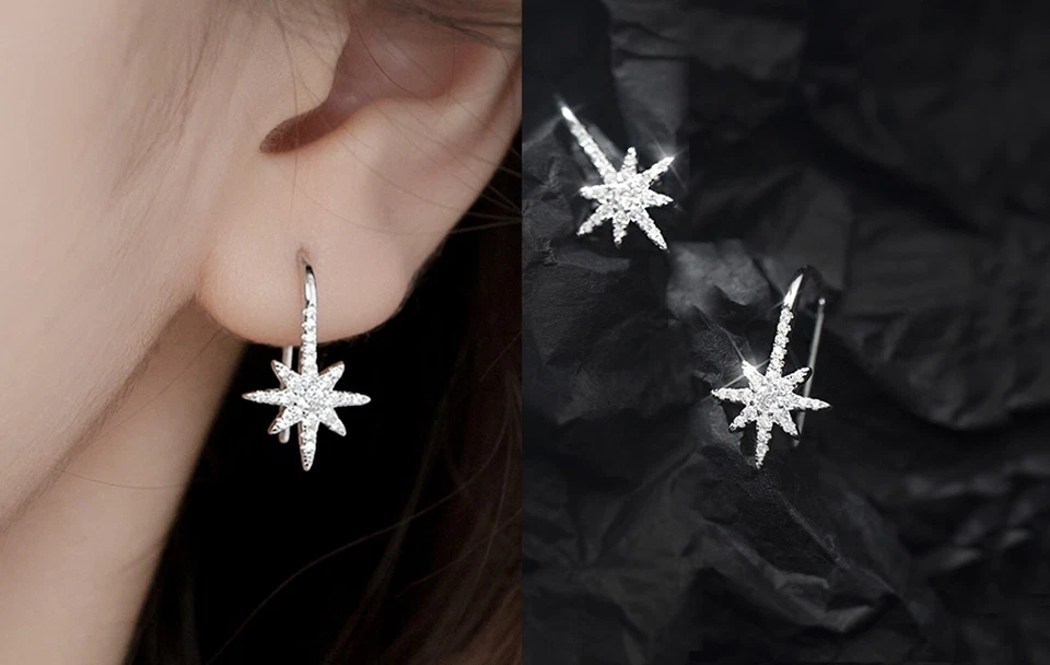 Silver Northern Star Dangle Earrings, CZ Starburst Earrings, Celestial Earrings - Image 2 of 4