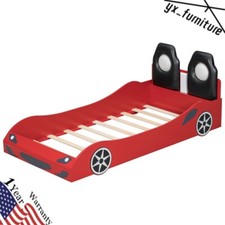 Wood Twin Size Race Car-Shaped Platform Bed with LED and Upholstered Backrest
