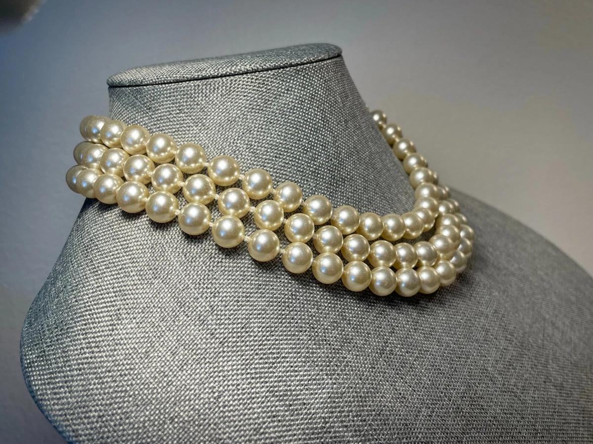 Vintage Pearl Necklace Choker Three Strands Glass Champagne Creamy