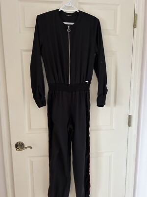 Guess Women’s Black Long Sleeve Jumpsuit Red Stripe Down Leg Size 16