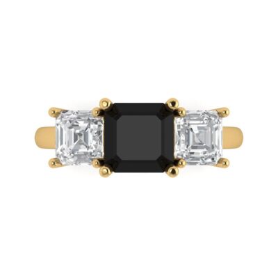 14K Yellow Gold Natural Onyx 3 Stone Engagement Ring (4 ct, Square Emerald-Cut)