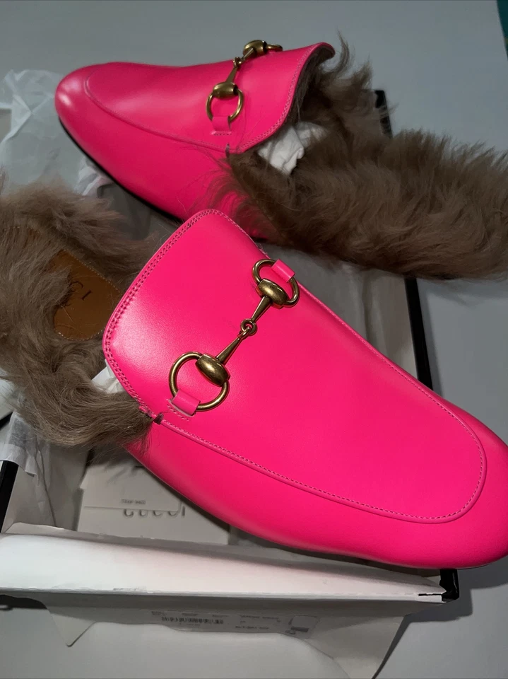 NIB Men’s GUCCI Princetown Mules Fur Lined Leather Slipper Fuchsia Pink Size 9