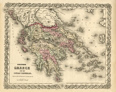 1855 Map of Greece Cities Rivers Corfu Thera Lesbos Ionian Islands Poster Repro