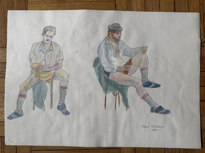 Vintage Watercolor Study Painting Two Men Two Poses Peter Feldman 15 x 20 1981
