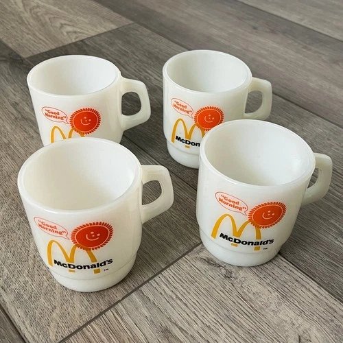 VTG McDonald's Lot of 4 Fire King Anchor Hocking Milk Glass Good Morning Mugs