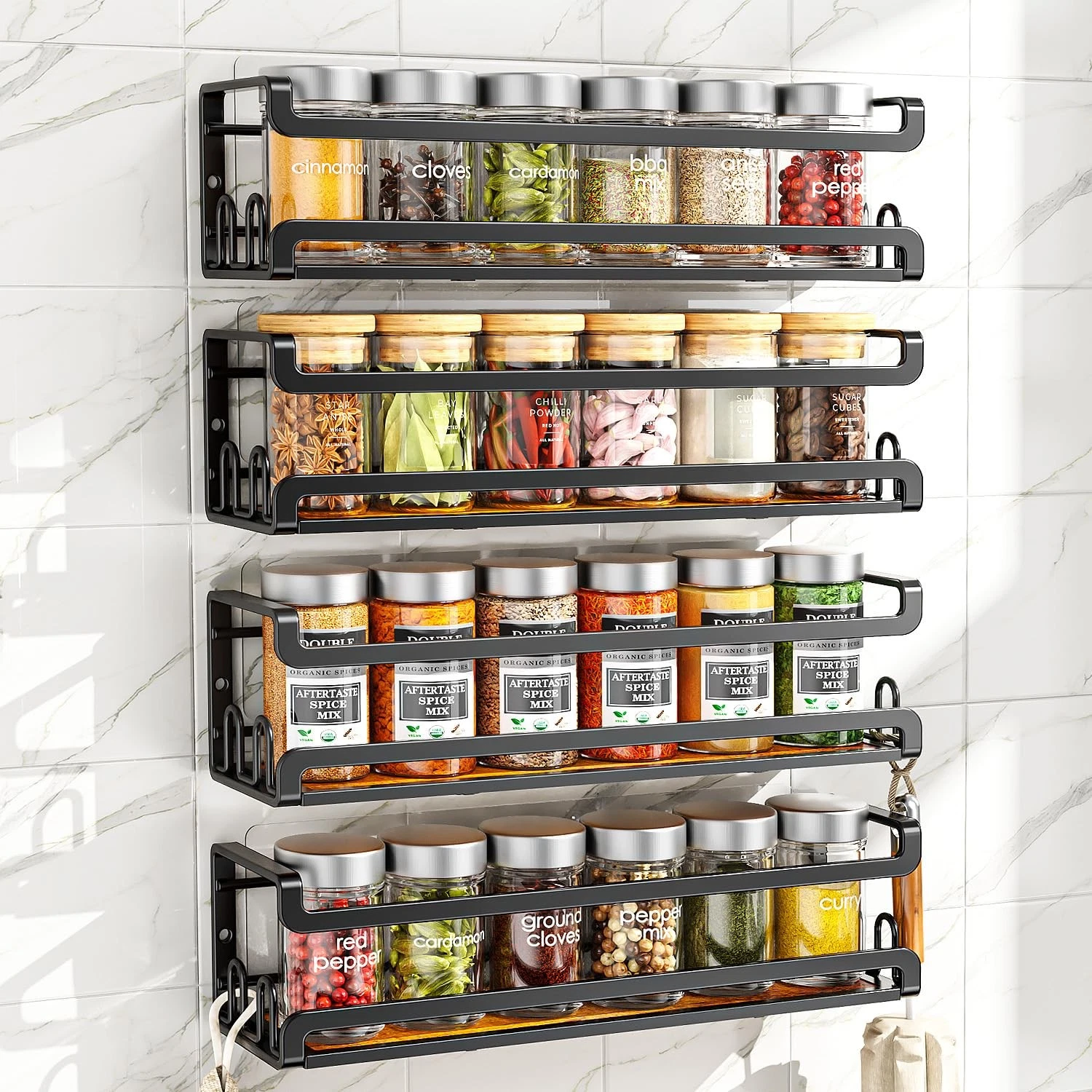 Wall Mounted Spice Rack with 16 Hooks, Rustic Wood Spice Organizer Shelf for ...