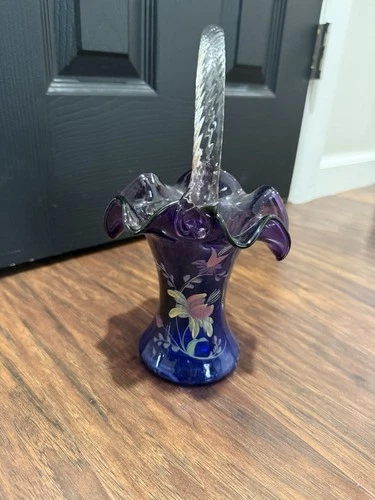 Fenton Purple Hand Painted Vase with Braided Handle Signed by Artist