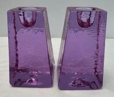 New Fire and Light Lavender Neodymium Recycled Purple Glass Candleholders Signed