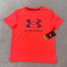 Under Armour Boys Youth Small Neon Orange UPF 50 Swim Shirt Rash Guard NWT