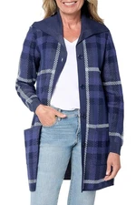 Denim & Co. Women's Button Front Sweater Tunic Cardigan Navy Plaid