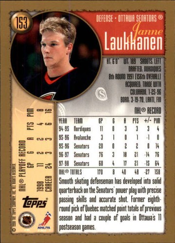 1998-99 Topps Senators Hockey Card #153 Janne Laukkanen - Picture 2 of 2