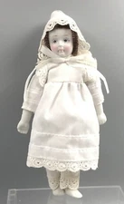 Vintage Bisque Doll 7 ½ Inch Rosy Cheeks With Bonnet Lace Dress & Bloomers