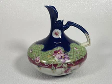 VTG 6" Ewer Pitcher Hand Painted Floral Blue Gold Unmarked Nippon Porcelain