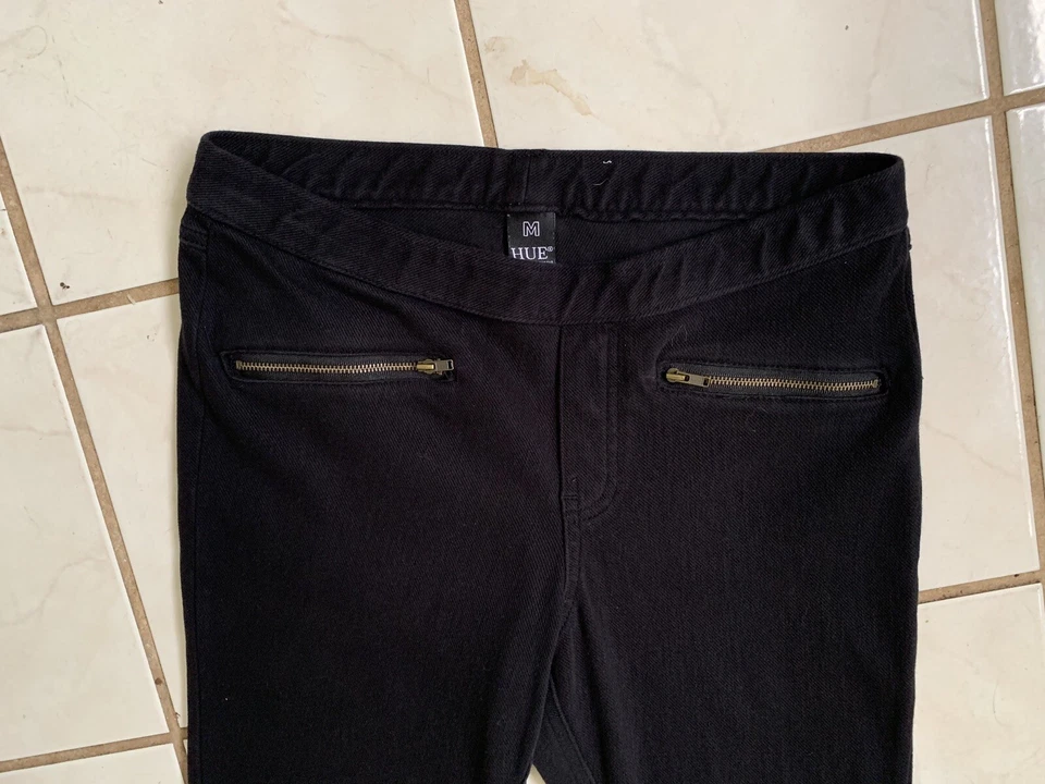 HUE Black Moto Style Elastic Waist Stretch Pants w/ Zippered Pockets Sz M - Image 2 of 4