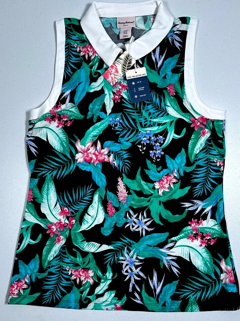 NWT Tommy Bahama Top Shirt 1/4 ZipS M L Black Tropical Floral Active wear UPF A4