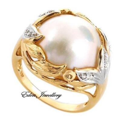 US$2450 MOBE Pearl Ring Eye Clean Diamond 14K Gold Gemological CERTIFIED 15mm