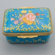 DAMAGED - Halcyon Days Enamel Trinket Box Flowers Blue Gold Swags