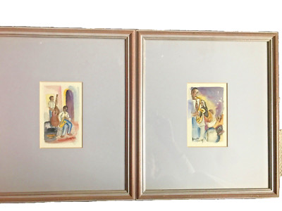 Schwester Ann Roddy AMERIKANISCHES AQUARELL 2x Gemälde Orleans JAZZ Street MUSIKER