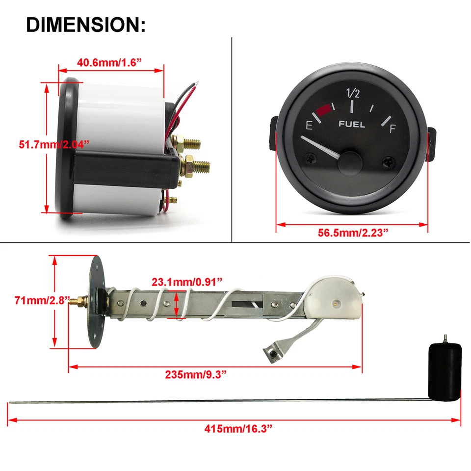 Universal 2"52mm Fuel Level Gauge Kit W/ Fuel Float Sensor E-1/2-F Pointer 12V - Image 3 of 4
