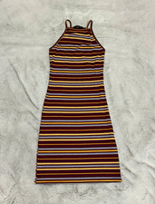 Ambiance Striped Knit Bodycon Dress Burgundy High Neck Strappy Sleeveless S