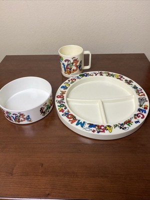 Vtg Disney Alphabet Plate Bowl Cup Mickey Mouse Melamine Divided Section