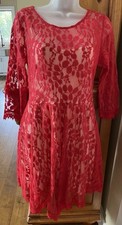 Free People Red Lace Floral Dress With Underlay Uneven Hemline 3/4 Sleeves Sz 4