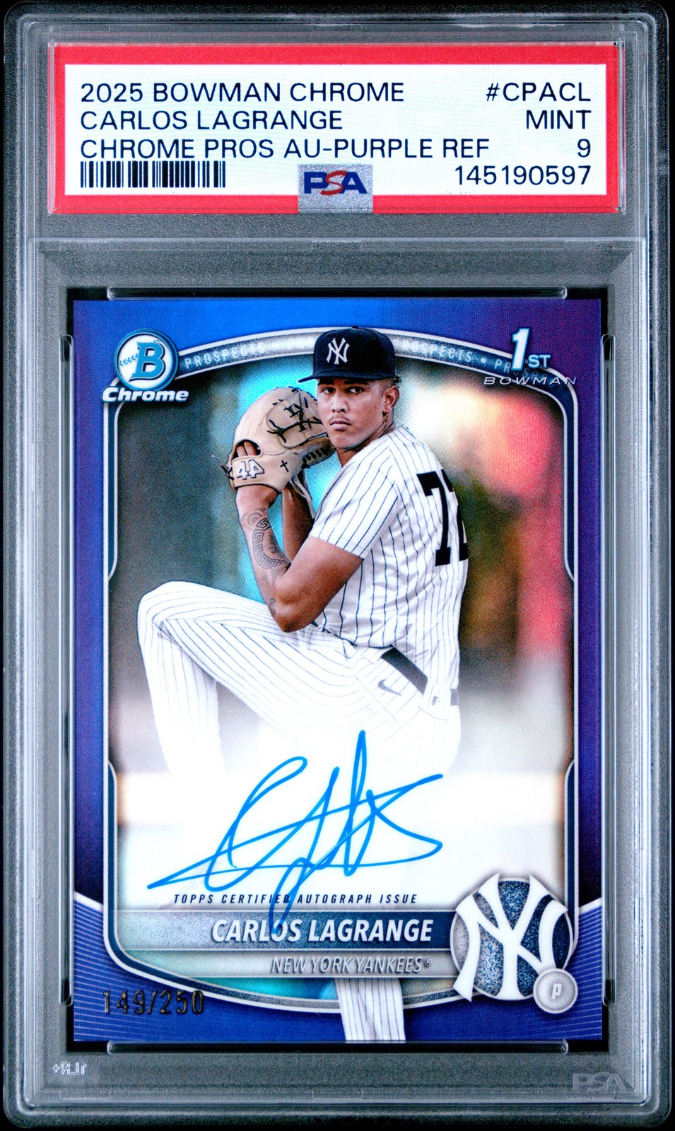 2025 Bowman Chrome Prospect Autographs #CPACL Carlos Lagrange Purple /250 PSA 9