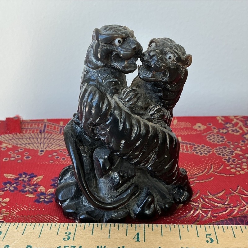 Carved Polished Black Horn Tiger Figurine Tigers Black Gray Small 3 in Animal
