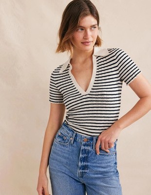 Boden - Ribbed Pointelle Collared Top - Damen Strick T-shirt Polo NEU - M