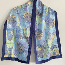 Vintage Adrienne Landau Studio Mosaic Floral Silk Scarf Artsy Colorful Blue Navy